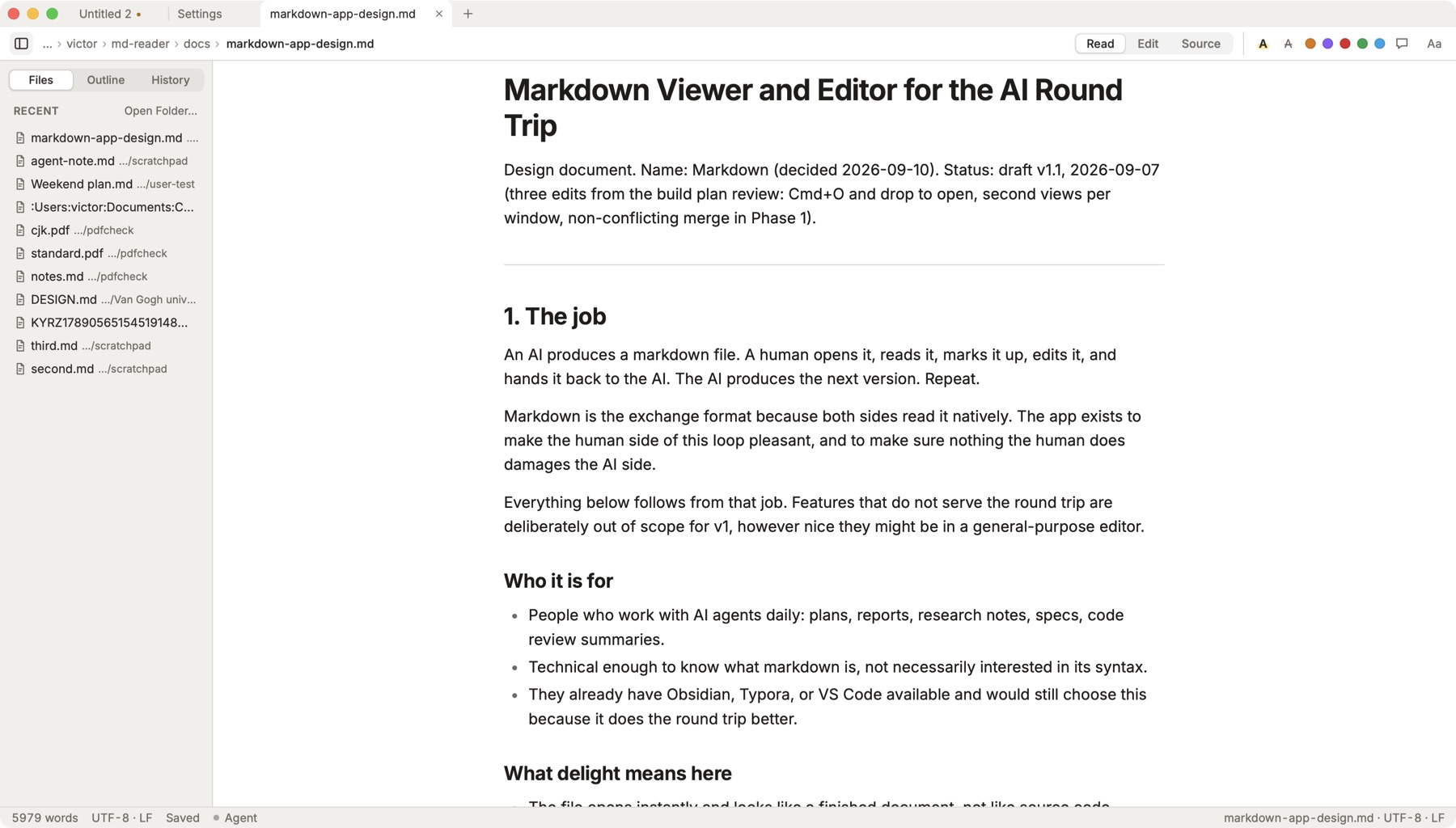 The app in Read mode: a rendered design document, with the file list in the sidebar